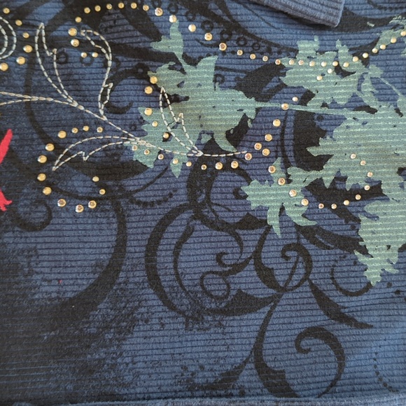 Vintage Artisans Cardinal Embellished Button Up Top SMALL Blue Red Pockets Birds - Picture 7 of 14